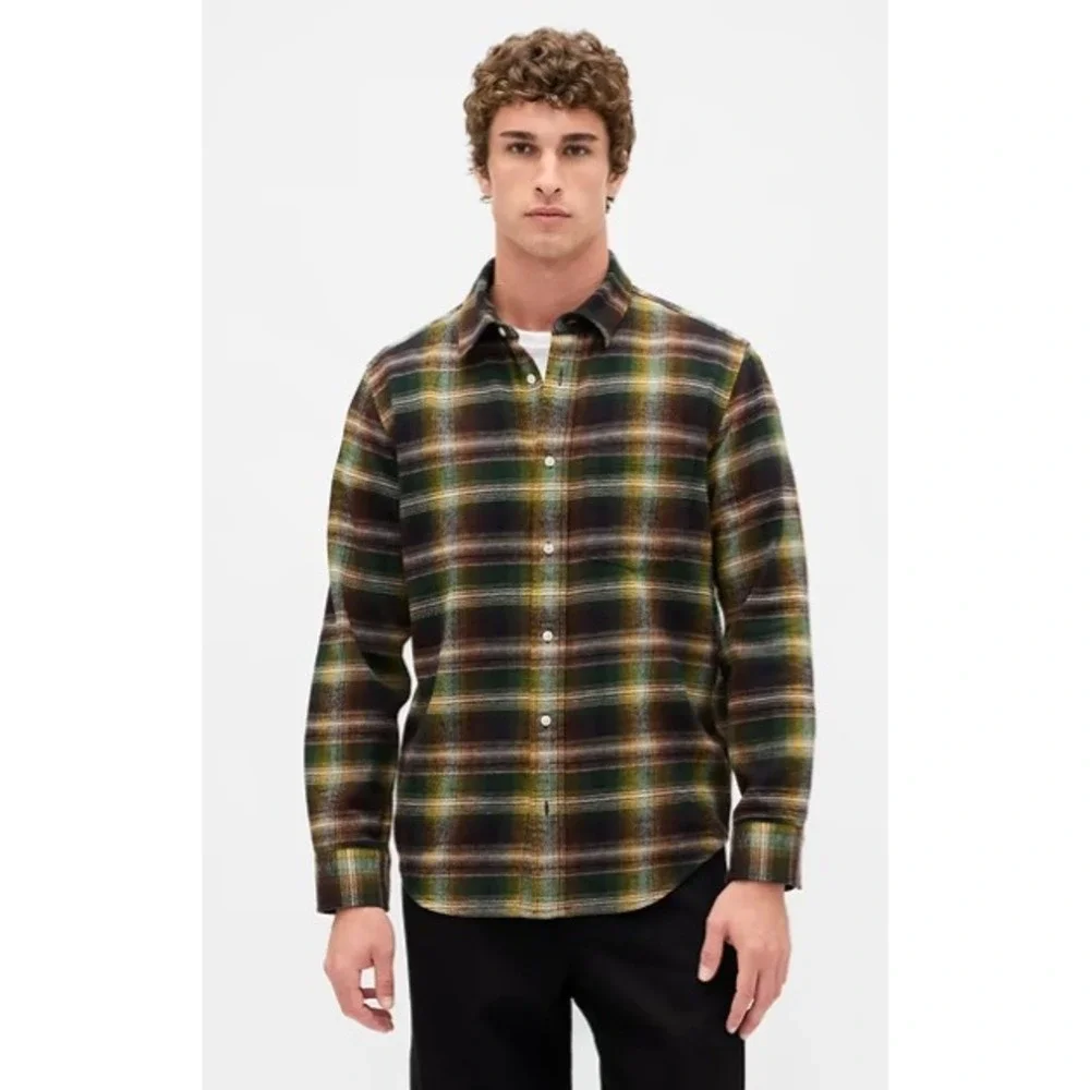 Gap Flannel Shirt Mens L Black Shadow Plaid Organic Cotton Relaxed Fit - Picture 7 of 7